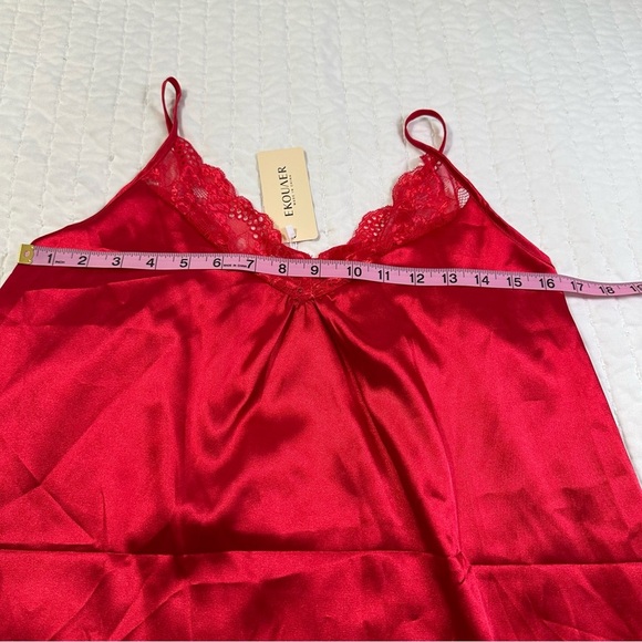 NWT Ekouaer Vibrant Red Satin Lace V-Neck Chemise Sleepwear Soft Lingerie - Picture 5 of 14